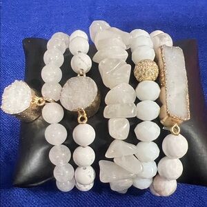 White Druzy & Beaded Stretch Bracelet Set - Gold Accents